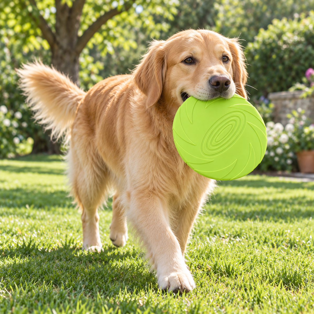 Chien rapportant le frisbee souple vert dans un jardin