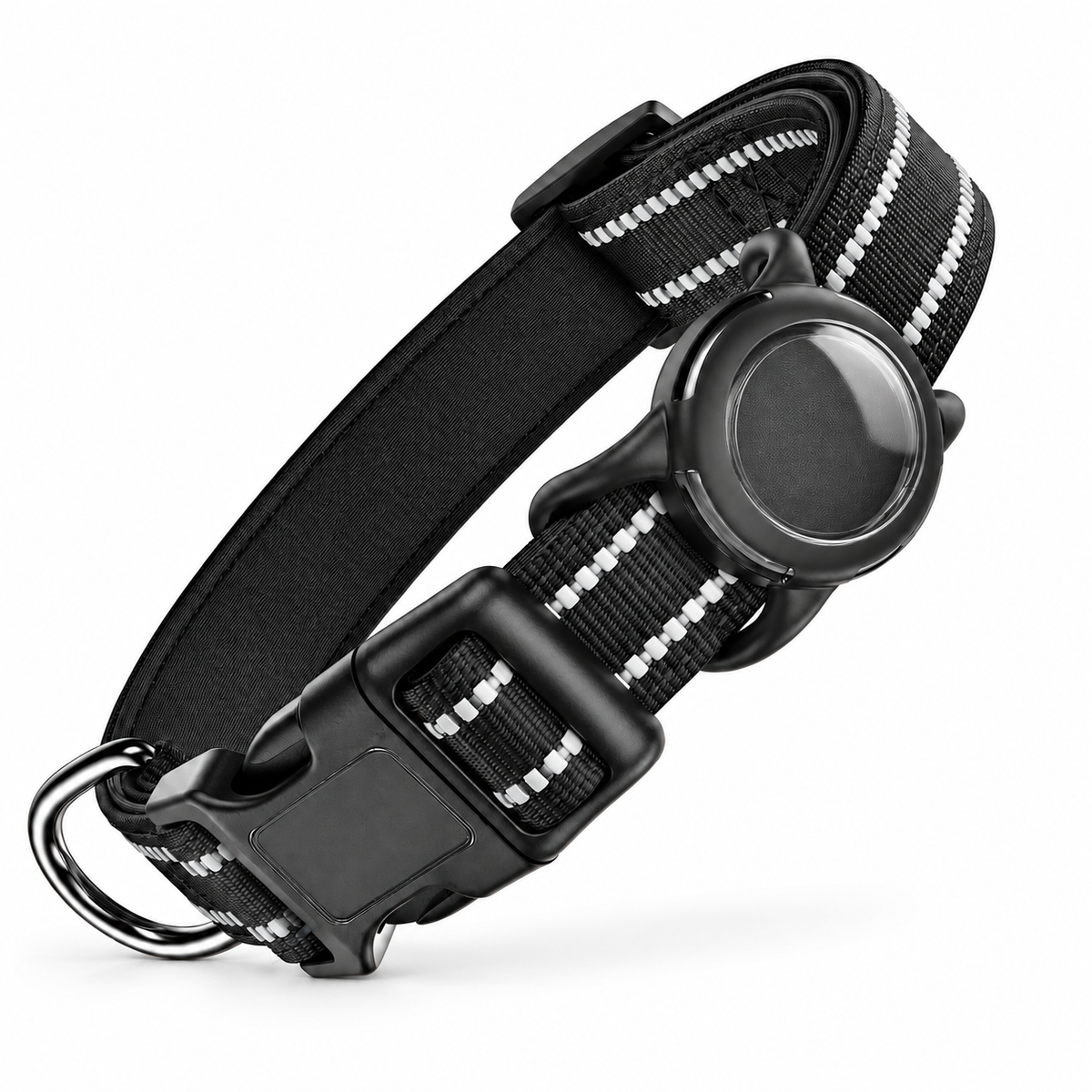 Collier réfléchissant noir pour chien avec support AirTag vide, photographié sur fond blanc