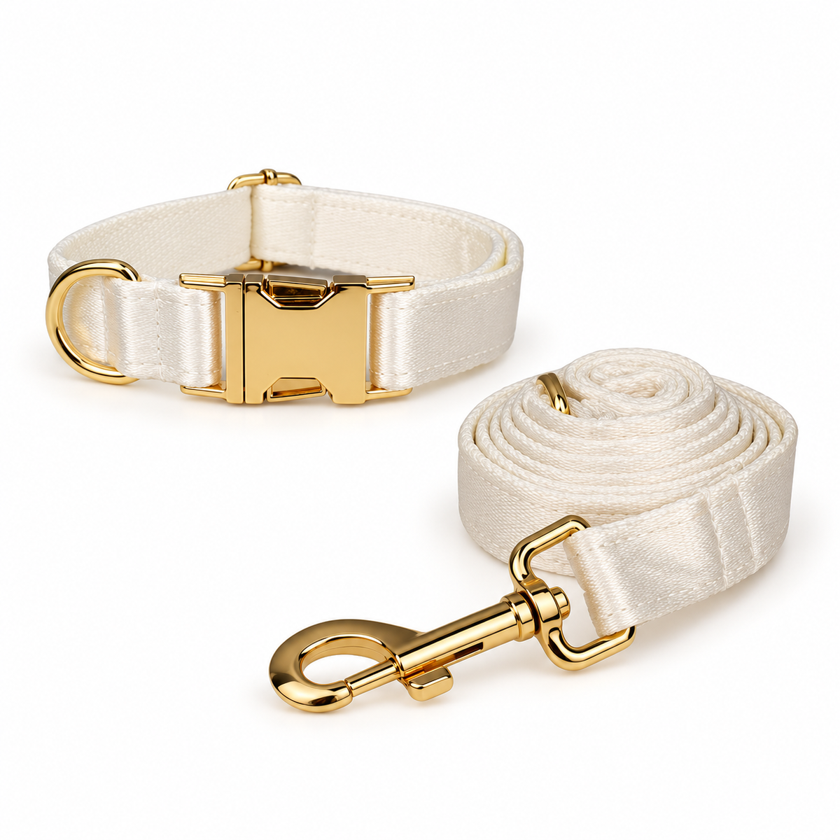 Duo Crystal : collier et laisse blanc ivoire avec finitions dorées